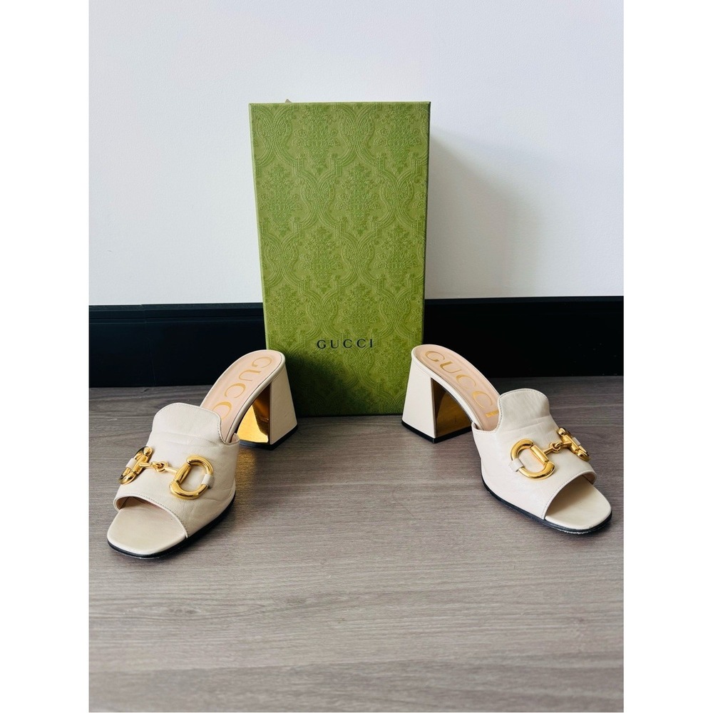 Gucci Ouverture Horsebit Block Heel Mule Sandal - Mystic White - Size 8.5